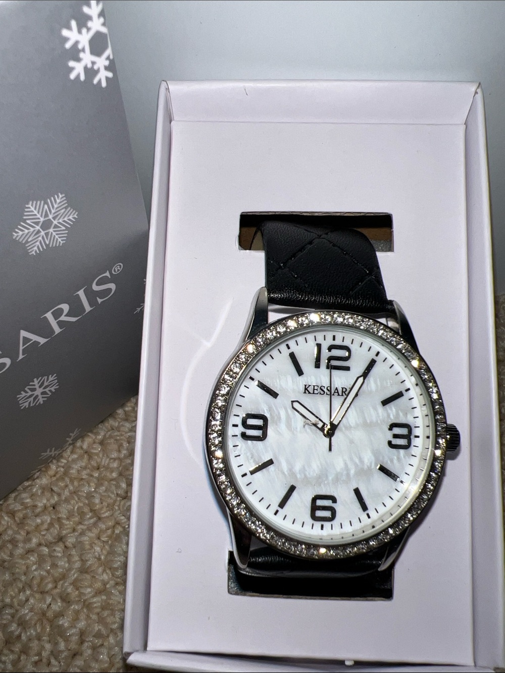 Kessaris Women's Black Leather Strap Crystal Bezel Watch - White Dial